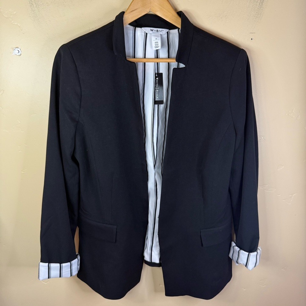 NWT White House Black Market Size 14 Black Blazer with Patterned Cuff Office